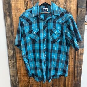 VTG Wrangler Western Pearl Snap Shirt Regular Fit X Long Tails 17 1/2 Plaid Blue